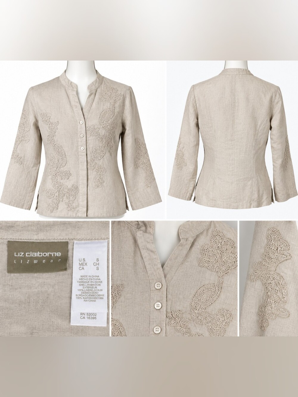 Liz Claiborne Beige Linen Embroidered Button Jacket